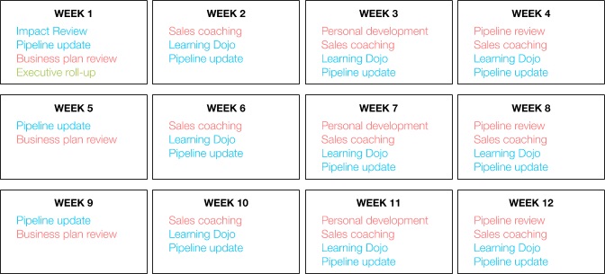 Figure 2. A sample quarterly plan with cadences across each week for individual, team, and executive meetings