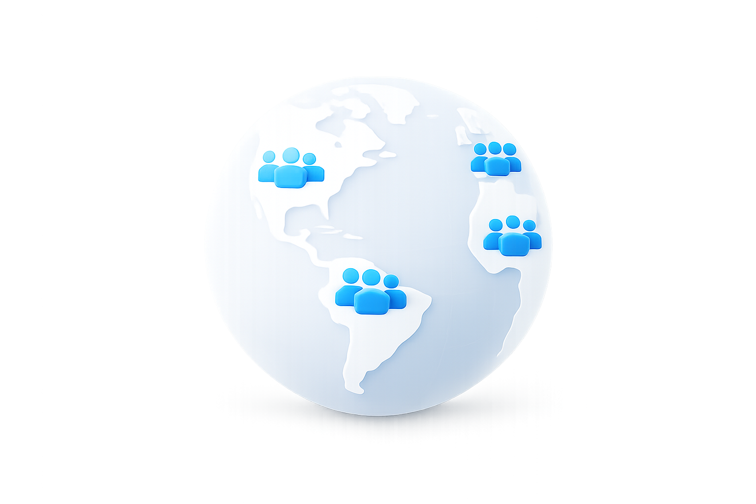 Minimal 3D vector illustration of a globe with small blue group icons positioned across the Americas, Europe, and Asia-Pacific, representing global teams connected through a unified training system.