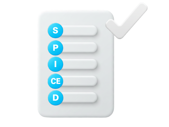 white 3d piece of paper with lines for each letter of the SPICED framework - S, P, I, CE, and D, accompanied by a 3d white check mark slightly overlaying the paper