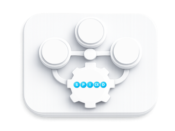 Minimal 3D illustration of an interconnected revenue system centered around a core operational engine, powered by winning by design's spiced framework